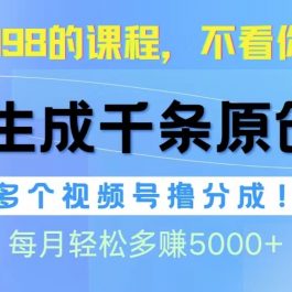 （10080期）视频号软件辅助日产1000条原创视频，多个账号撸分成收益，每个月多赚5000+